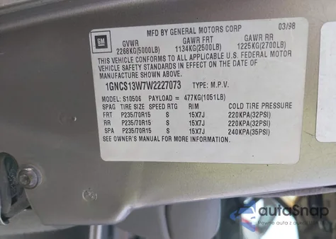 1998 Chevrolet Blazer Ls из США, поврежденный, VIN 1GNCS13W7W2227073